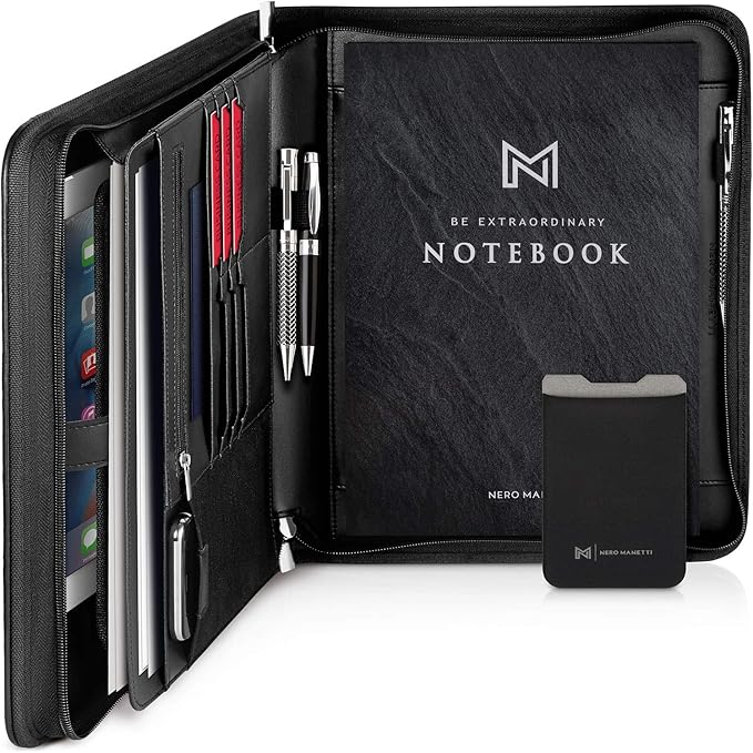 NERO MANETTI- Zippered Vegan Leather Padfolio/Portfolio Pad Holder-Business PU Leather Notepad Folder for Resumes, Interviews, iPad/Tablet, Phone, Legal Pad Notebook Executive Binder for Women, Men