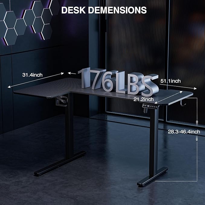 51" Reversiable L-Shaped Electric Standing Desk Adjustable Height Gaming Stand Up Corner Desk Sit Stand Home Office Computer Desk with Splice Board,Black Carbon Top