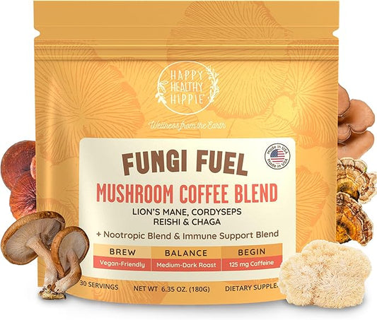 Mushroom Coffee with 125mg Caffeine – Lion’s Mane, Cordyceps, Reishi & Chaga | Adaptogen Nootropic Instant Mushroom Coffee for Energy & Focus | Medium-Dark Roast, Vegan, No Sugar – 30 Servings