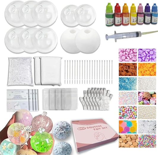 DIY Stress Ball Making Kit-Easy DIY- 10 TPR Skins, 13 Fillers, 14 oz Slime, 7 oz Clay, Create ASMR Anxiety Relief Toys, Handmade Squishy Stress Balls, Self-Care Gifts for Women, Crunchy Relaxing