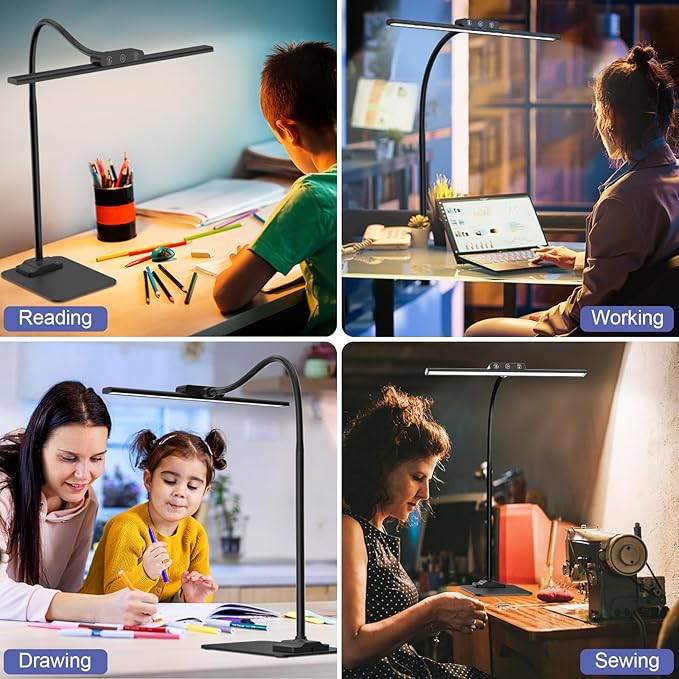 KableRika LED Desk Lamp with Base: Bright Desk Lights for Home Office - Eye Care Reading Table Lamps - Dimmable Desktop Lighting for Computer Monitor Study Drafting Black