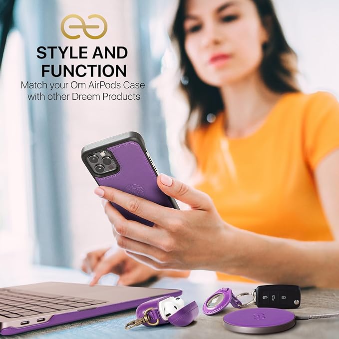 Dreem Om Case Cover with Keychain Clip Compatible with AirPods Pro 2/Pro, Protective One-Piece Hard Shell, Luxury Vegan Leather AirPod Pro Case 2nd/1st Generation with Separate Clip [Purple]