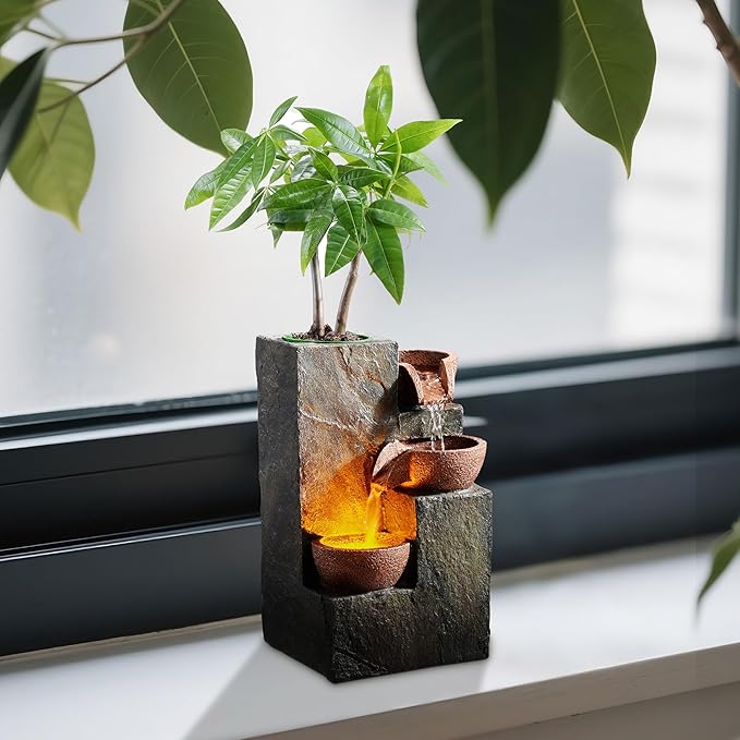 Tabletop Indoor Water Fountain – 3-Tier Rock Waterfall Fountain with Warm LED Light and DIY Planting Pot – Relaxing Small Water Feature for Desk or Home Decor (23061)
