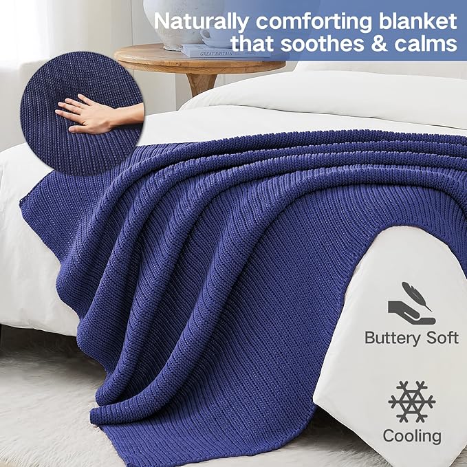 Guohaoi Knitted Weighted Blanket for Adults (Blue 60"x80" 20lbs) No Beads Cooling Throw Blanket for Hot Sleepers, Home Decor Breathable Chunky Knit Heavy Blanket Use on Queen/King Size Bed