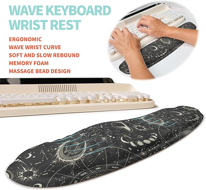 2-in-1 Ergonomic Set, Wave Rise Keyboard Wrist Rest and Massage Bulge Slope Mouse Pad Wrist Support, Cushion Memory Foam Integrated to Relieve Wrist Pain, Constellation