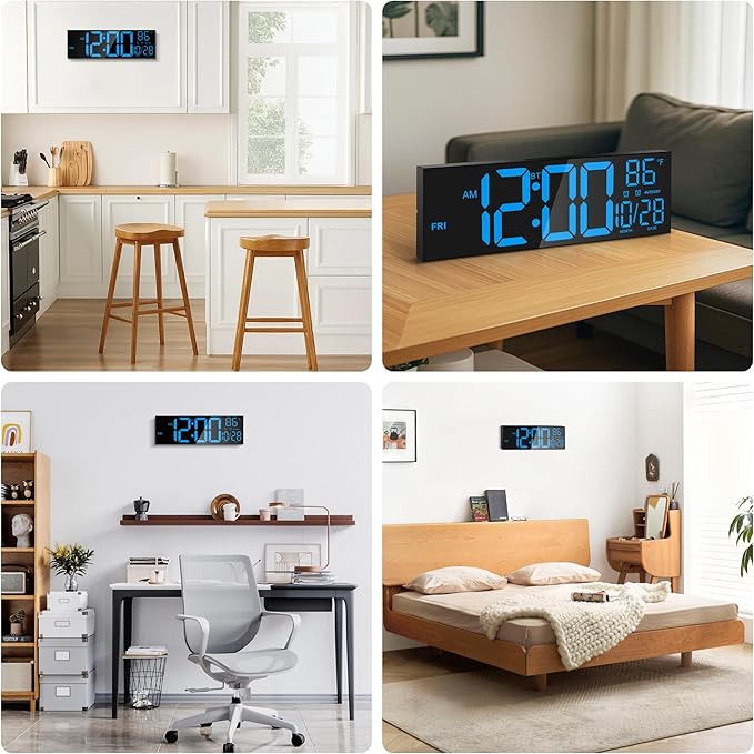 16.5" Large LED Wall Clock with Bluetooth Sync, Night Light, DST, 2 Alarms, RGB Color, Temperature, Remote Control, 12/24H, Timer for Living Room, Bedroom, Desk, Gift for Mother Father Elderly