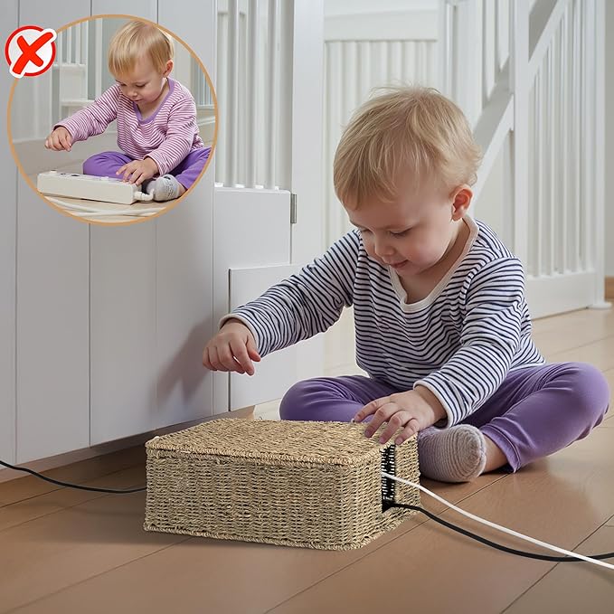 StorageWorks Cable Management Box, 2 Slots Wicker Cable Organizer to Hide Cords and Power Strip, Seagrass Cord Hider Box for Home & Office