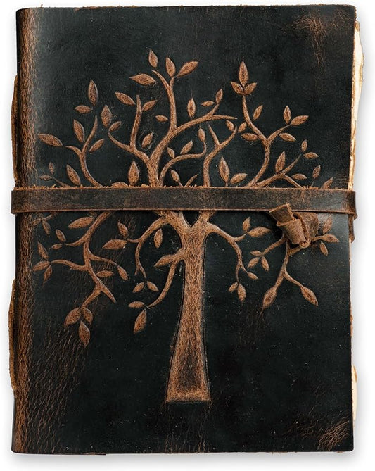 LEATHER VILLAGE Tree of Life Journal - 6 X 4 (A6) inches - Rustic Brown - 200 Antique Deckle Edge Handmade Paper – Book of Shadows - Vintage Leather Bound Journal for Women & Men