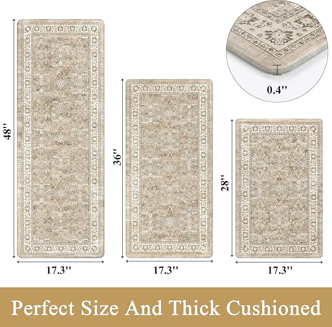 Pauwer Anti Fatigue Kitchen Mat Set of 3 Non Slip Kitchen Mats for Floor Cushioned Kitchen Rugs Comfort Standing Mat Farmhouse Waterproof PVC Foam Kitchen Floor Mat Runner, Beige
