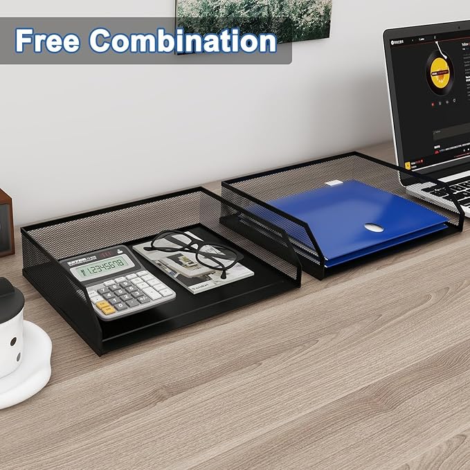 Natwind 2-Tier Stackable Paper Tray, Metal Mesh Desktop Organizer, A4 Desk Organizer, Stackable Letter Trays,File Folder Sorter Organizer with Sliding Tray for Home, Office, School (Black)