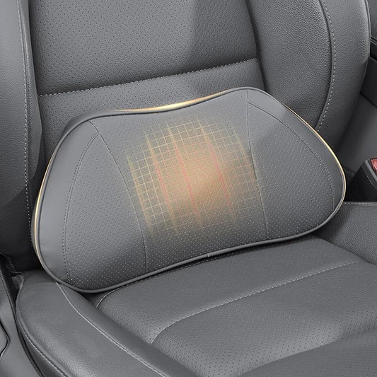 Lumbar Support Pillow for Car, Premium Leather Memory Foam Lumbar Cushion for Lower Back Pain Relief, Universal Back Support for Driving, Home & Office Chairs, Gray, 1 Pack