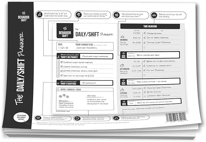 The Behavior Shift Daily Shift Desktop Planner - Undated Tear off Planner - Brain Dump Notepad & Organizer with Gratitude, Time Blocking, Prioritization & Goal Focus - 13 Week productivity Tracker
