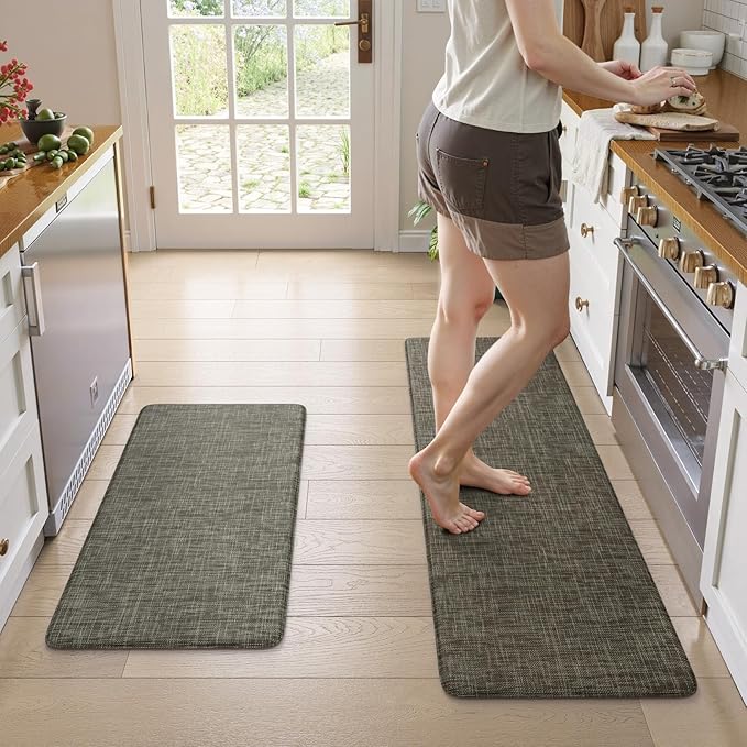 KIMODE Kitchen Mats Cushioned Anti Fatigue, Farmhouse Kitchen Rugs 17"x47"+17"x29", Non Slip Kitchen Mats for Floor, Padded Kitchen Floor Mats for Sink Laundry Office Desk Brown/Green