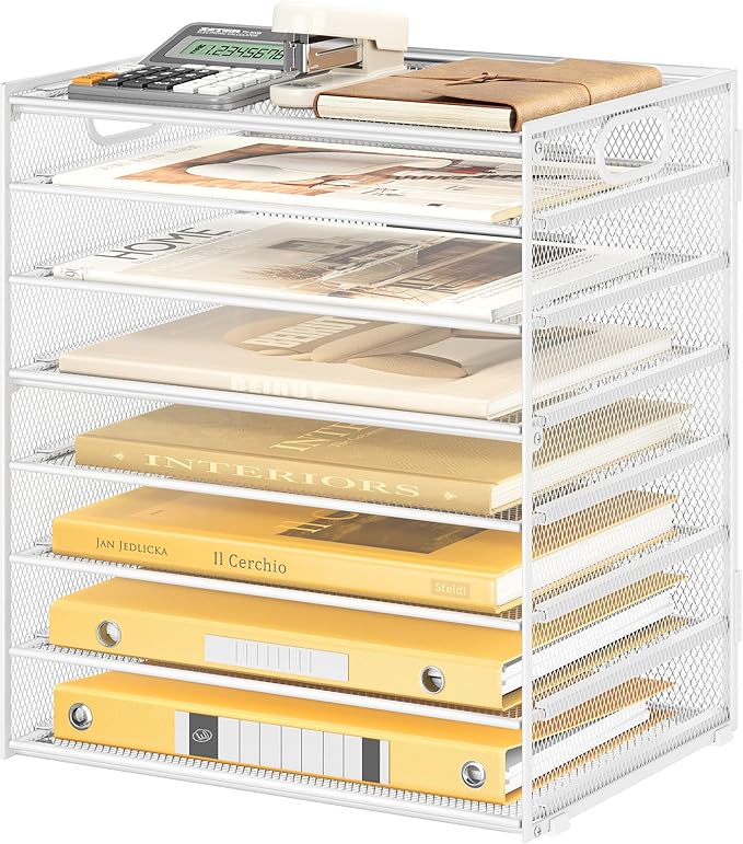 Lavatino 8-Tier Letter Tray Desk Paper Organizer, Mesh File Tray Organizer for Desk, Office Supplies & Home Organization, Fits A4 Paper, Mail, Magazines and Office Accessories (White with Handle)