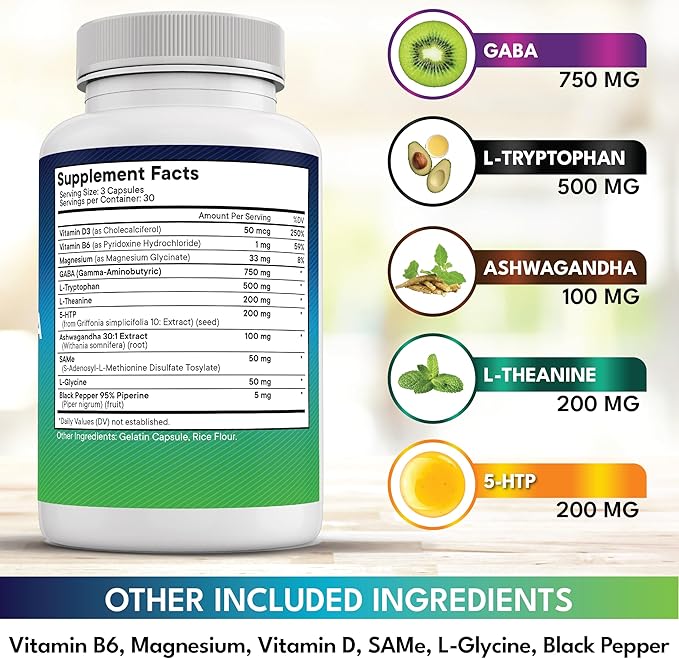 NEW AGE GABA 750mg 5 HTP 200mg L Tryptophan 500mg L Theanine 200mg Ashwagandha SAM-e L-Glycine - Vitamins for Women and Men with L-Tyrosine 5-HTP (5-Hydroxytryptophan) - 270 Count