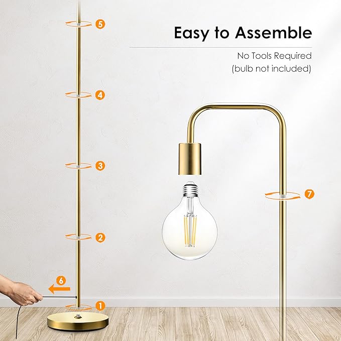 BoostArea Industrial Gold Standing Lamp, 63 Inch, E26 Socket, On/Off Footswitch, ETL Listed, Modern for Bedroom, Living Room, Minimalist, Vintage, Mid-Century, Boho, Metal