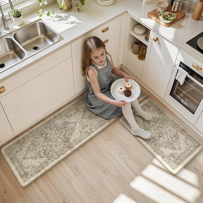 KIMODE Anti Fatigue Kitchen Mats 17"x59"+17"x29", Boho Kitchen Rugs Set of 2, Non-Slip Cushioned Kitchen Mats for Floor, Waterproof Kitchen Floor Mats for Sink, Laundry, Office, Desk Khaki