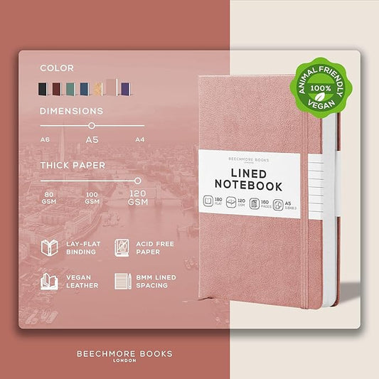 BEECHMORE BOOKS Lined Journal Notebook, 5.8 x 8.3 inch, A5 160 Lined Pages, Hardcover Leather Journals for Women, Men, Writing and Notebooks for Work - 120 GSM Thick Paper, Gifts Box Included