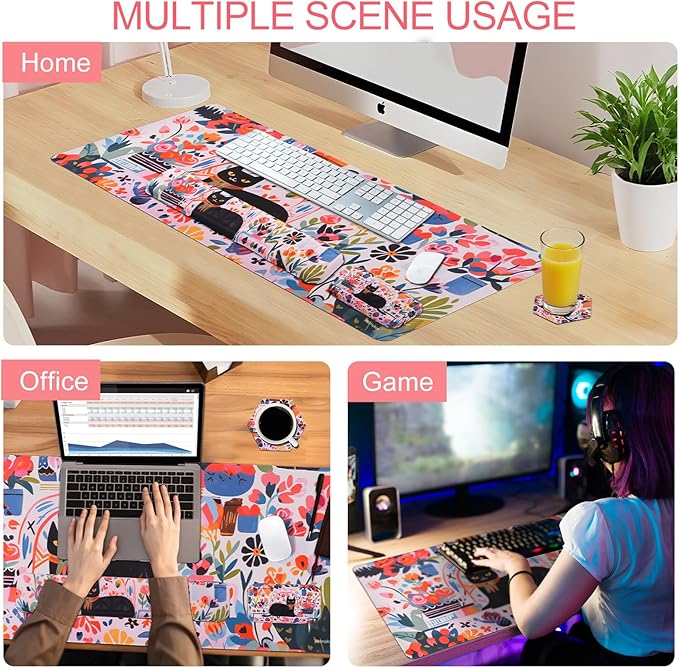 Petmolico Wrist Rest Set with Computer Keyboard Desk Pad,Mouse Wrist Rest,Keyboard Typing Wrist Pad and Cup Coasters,Ergonomic Design for Typing Pain Relief(Black,Cat with Flowers)