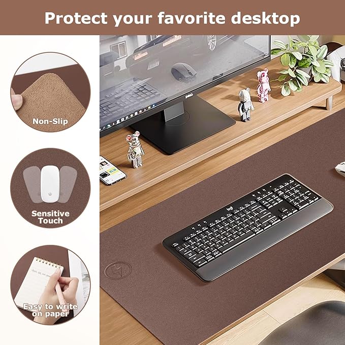 Wireless Charging Mouse Pad Firelison 2 in 1 Leather Multifunctional Office Desk Pad with Non-Slip Rubber Base, Waterproof Desk pad for Computers/Office/Work/Home/Decor（ 36" x 17"Brown - L）