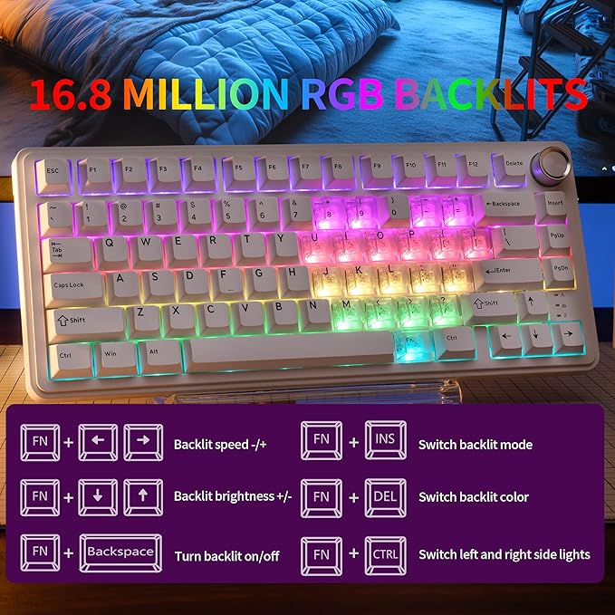 x XVX M75 75% Wireless Gaming Mechanical Keyboard, BT5.0/2.4GHz/USB-C,Hot Swappable Creamy Pre-lubed Switches,Gasket Structure,RGB Backlit White Keyboard w/Knob for PC/Laptop/Xbox/PS4/PS5,LUMINA HEART