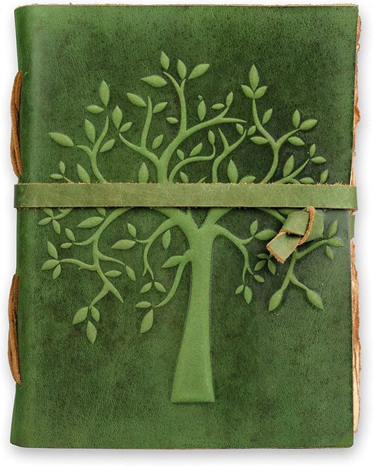 LEATHER VILLAGE Tree of Life Journal - 6 X 4 (A6) inches - Green - 200 Antique Deckle Edge Handmade Paper – Book of Shadows - Vintage Leather Bound Journal for Women & Men
