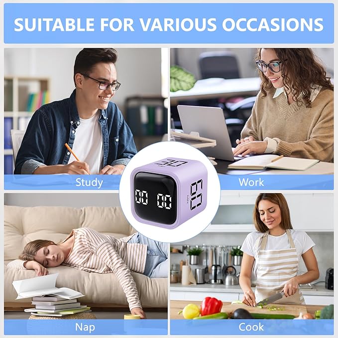 Digital Cube Productivity Timer, Rotating Pomodoro Timer with Gravireceptor 5-10-30-60 Min& Custom Countdown, Vibration & Adjustable Volume Timers for Learning Office Kitchen Desk, Purple