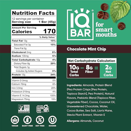 IQBAR Brain and Body Plant Protein Bars - Chocolate Mint Chip - 24-Count Low Carb - Gluten Free, High Fiber, Vegan Snacks - Low Sugar Meal Replacement