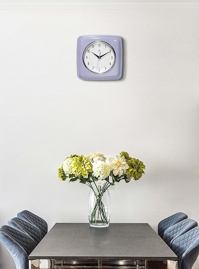 Infinity Instruments Retro Wall Clock – 9-Inch Square Silent Non-Ticking Mid-Century Modern Clock – Vintage Decorative Wall Clock for Kitchen, Office, or Diner – Lilac