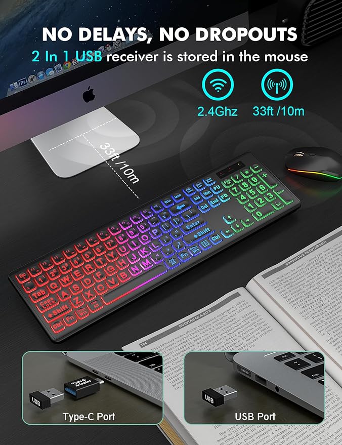 Wireless Keyboard and Mouse Combo - Large Print, RGB Backlit, Oversize Light Up Letters, Rechargeable, Ergonomic Tilt Leg, Sleep Mode, 2.4GHz Quiet Keyboard Mouse for Mac, Windows, Laptop, PC, Trueque