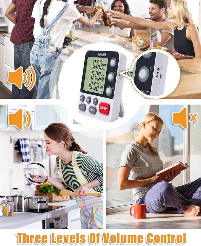 Dual Kitchen Timer Digital - 3 Channel for Cooking with Alarm, Large Display, Magnetic Back, Replaceable 3A Battery, Loud Food Timer, Modern White Design for Multi Timing Needs