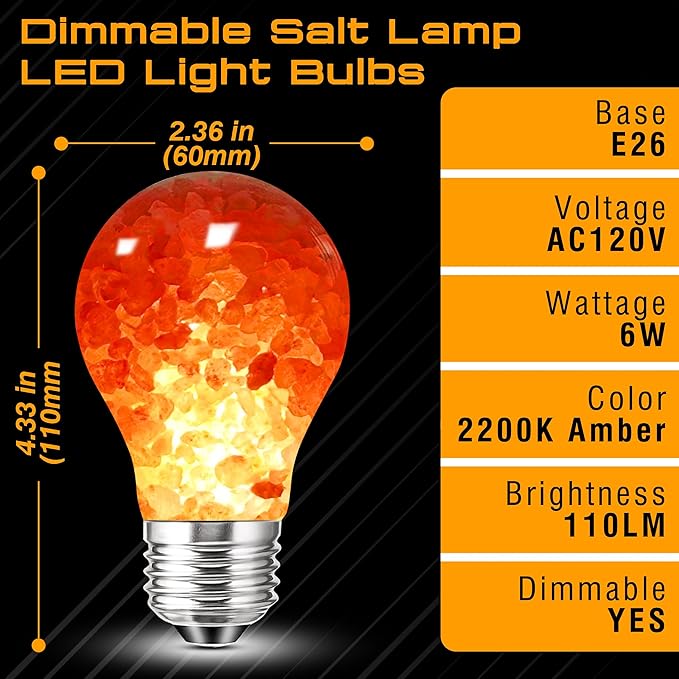 Dimmable Himalayan Salt Lamp LED Light Bulbs, E26 2200K Warm Amber Pink Night Light, 6W Mood Lighting, E26 A60 Salt Rock Stress Relief Bulbs for Bedroom, Decor, Sleep Light, 2pack