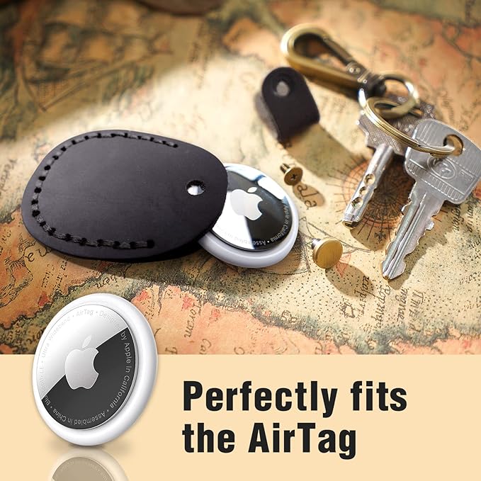 Genuine Leather Airtag Holder, Portable Air tag Keychain with Key Rings, Full Coverage Hidden Case Cover Compatible for Apple Airtag - Black