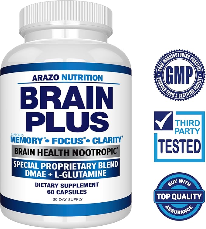Arazo Nutrition Premium Brain Function Supplement – Memory, Focus, Clarity – Nootropic Booster with DMAE, Bacopa Monnieri, L-Glutamine, Multi Vitamins, Multi Minerals
