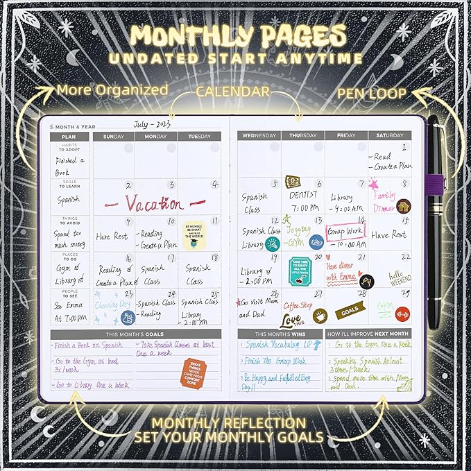 2025 Undated Academic Planner Hardcover (5.5x8.5") - Flexible Weekly & Monthly Organizer with Stickers, Productivity Journal for Students & Professionals(Black)