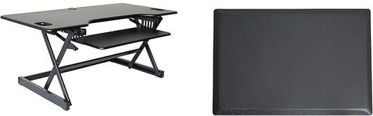 Rocelco 46" Large Height Adjustable Standing Desk Converter with Anti Fatigue Mat BUNDLE - Quick Sit Stand Up Triple Monitor Riser - Retractable Keyboard Tray - Black (R DADRB-46-MAFM)