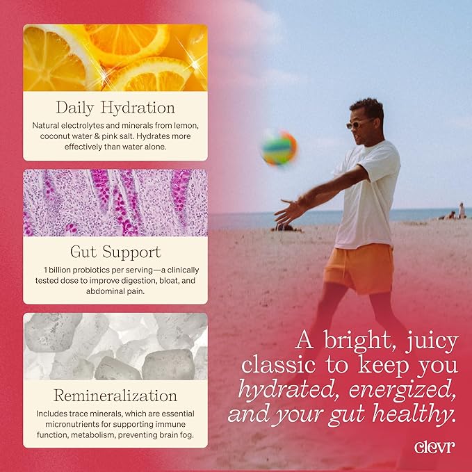 Clevr Strawberry Lemonade SuperTea, 18 Servings, Hydration Tea Blend with Coconut Water, Lemon Juice, 1B Probiotics for Gut Health, Sea Salt, Trace Minerals, Electrolyte Caffeine Free Tea, 5.08 oz