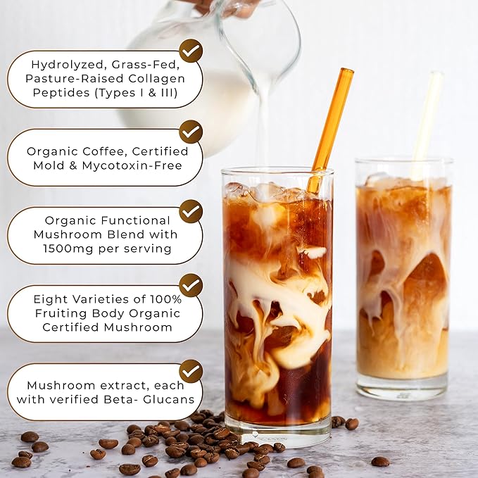Organic Mushroom Coffee Certified Mold & Mycotoxin Free GrassFed Collagen Types I & III 8 Fruiting Body Mushrooms Tested for BetaGlucans Focus Energy Digestion & Immunity 15 Servings