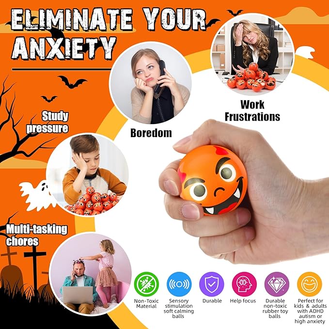 Libima 100 Pcs Halloween Face Stress Balls Bulk 2 Inch Foam Face Squeeze Balls Mini Funny Stress Relief Ball for Kids Adults Coworkers Relief Squeeze Finger Exercise School