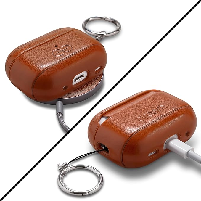 Dreem Om Case Cover with Keychain Clip Compatible with AirPods Pro 2/Pro, Protective One-Piece Hard Shell, Luxury Vegan Leather AirPod Pro Case 2nd/1st Generation with Separate Clip [Caramel]