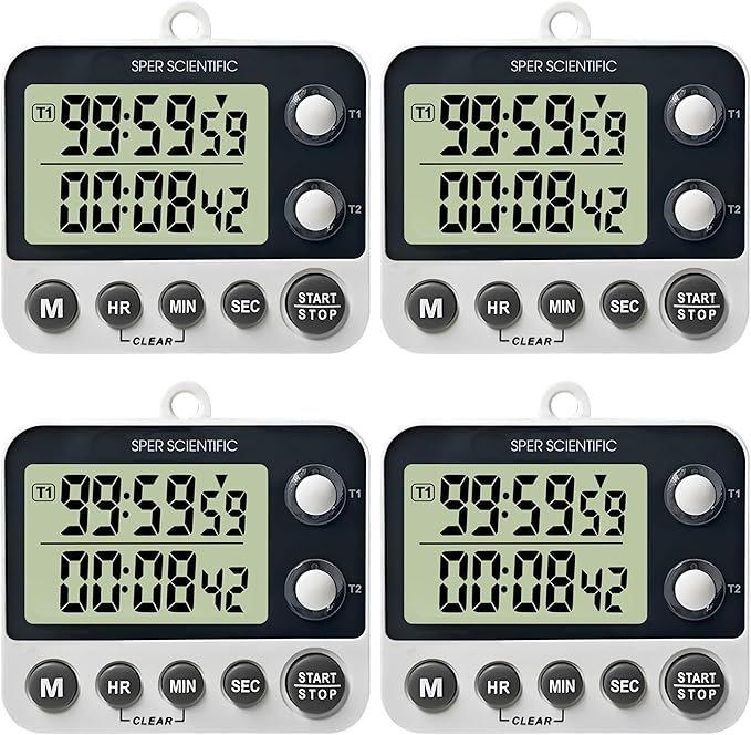Sper Scientific 2 Channel Digital Lab + Kitchen Timer with Color Coded LED Lights 810002 – Dual Countdown Timer with Large Display, Loud Alarm & Clock Mode - for Cooking, Labs & More - 4 pc