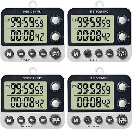 Sper Scientific 2 Channel Digital Lab + Kitchen Timer with Color Coded LED Lights 810002 – Dual Countdown Timer with Large Display, Loud Alarm & Clock Mode - for Cooking, Labs & More - 4 pc