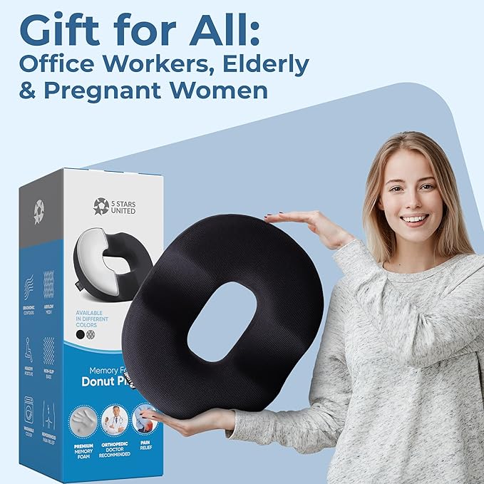 5 STARS UNITED Donut Pillow Hemorrhoid Tailbone Cushion – Large Cushion for Pain Relief – Coccyx, Prostate, Sciatica, Pelvic Floor, Pressure Sores, Pregnancy, Postpartum Recovery, Black