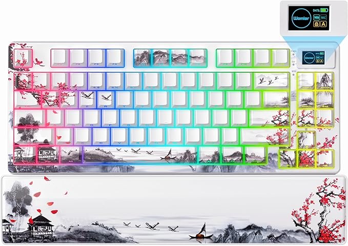 Womier 75% Wireless Mechanical Keyboard with Color Multimedia Screen Gaming Keyboard, Theme 3-Modes Hot Swappable Key Board w/Wrist Rest,SK80 PRO Gasket RGB Custom for Mac/Win,Red Plum