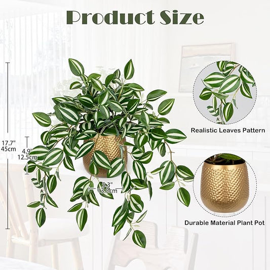 Briful Faux Plants Indoor 17.7in Fake Watermelon Peperomia Plant in Gold Pot with Realistic Silk Green Leaves Artificial Potted Plant for Home Office Table Shelf Desk Modern Room Decor