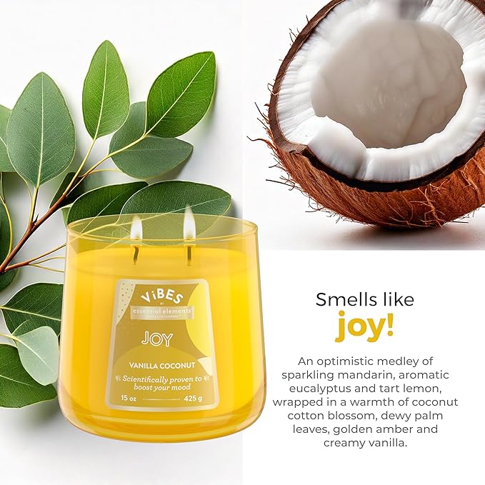 Candle-Lite Vibes Vanilla Coconut Mood-Enhancing Scented Candles, 15 oz Jar, Aromatherapy, Proudly Poured in The USA, 2-Wick, 86 Hours Burn Time, Perfect Relaxation Gift