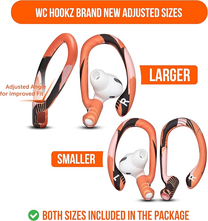 WC HookZ - Patented Upgraded Over Ear Hooks for AirPods Pro 1, 2 & AirPods 1, 2 & 3- Two Size Pairs Included in Package, Unique Left & Right Hook, Made by Wicked Cushions | Orange Prism