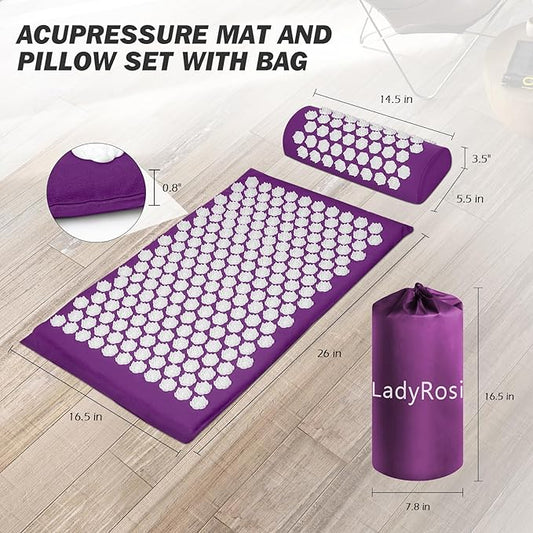 LadyRosian Acupressure Mat and Pillow Set with Oxford Bag, for Neck Back Pain, Muscle Relaxation Stress Relief, Relieve Sciatica and Pain Relief Set (Purple)