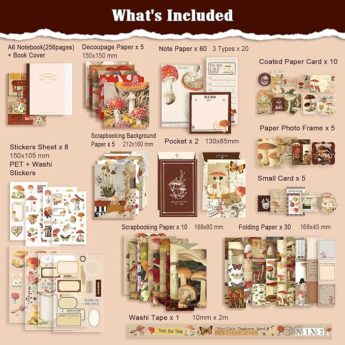 Scrapbooking Supplies Kit, Vintage Aesthetic Scrapbook Kit, Junk Journal Supplies with Scrapbooking Paper A6 Grid Notebook, Journaling Supplies, Birthday Craft Gift for Adult Teen Girl Kid, Mushroom