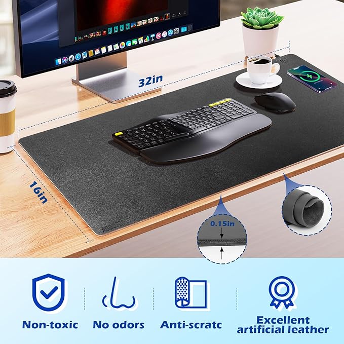 Wireless Charging Desk Mat with Desk Pad for Desktop Charging Large Mouse Pad Waterproof Leather Computer Mat Mouse Pad Non-Slip Protector on Top of Desks for Keyboard and Mouse (black-r, 32*16inch)